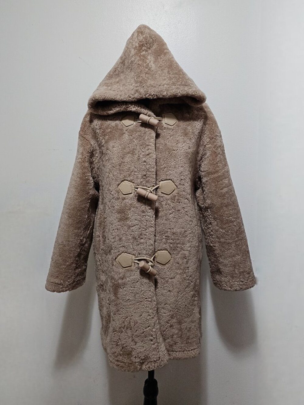 New Merino Sheepskin Shearling Lamb Fur Coat Jacket Hooded Tan Taupe Stone Suede
